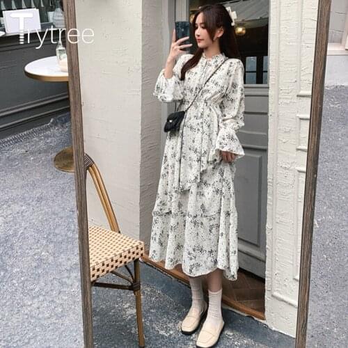 Trytree 2021 Spring Summer Womens Dress Casual Bow Butterfly Sleeve Elastic Waist Ruffled Hem Printed Elegant Office Lady Dress