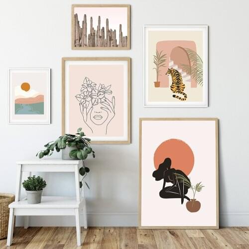 Blush Pink Mountain Sun Tiger Poster Abstract Boho Canvas Painting Woman Line Drawing Picture Minimalist Wall Art Home Decor