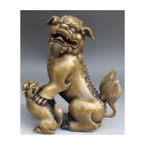 RHS0127 7.5"Chinese Bronze Fengshui Foo Fu Dog Guardion Lion Play Ball Beast Statue