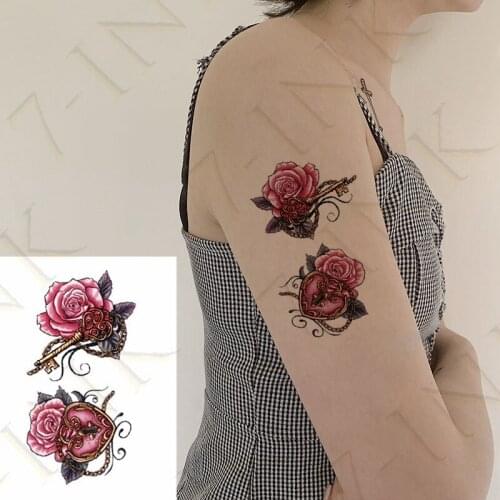Water Transfer Fake Tattoo Sticker Pink Rose Flower Heart-shaped Key Lock Art Tatoo Waterproof Temporary Tatto For Men Woman