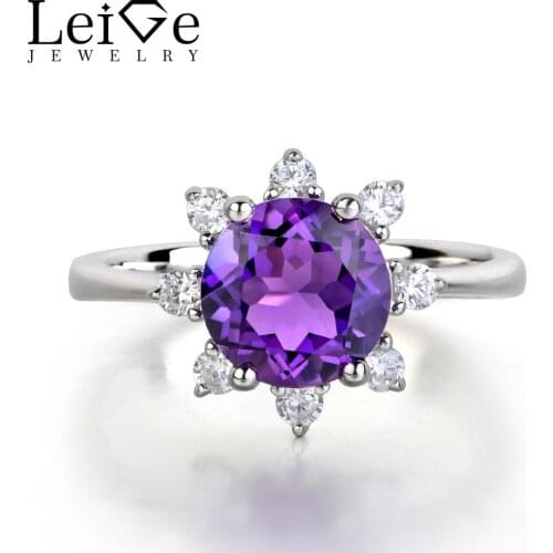 Leige Jewelry Natural Amethyst Ring Purple Gemstone Wedding Engagement Rings for Women 925 Sterling Silver Jewelry Sunflowers