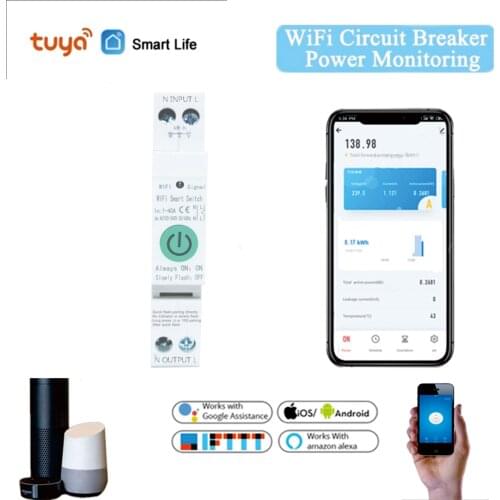 1P+N Tuya WiFi Smart Circuit Breaker Energy Power kWh Meter Timer Time Switch Relay Voltmeter Current RCCB RCBO
