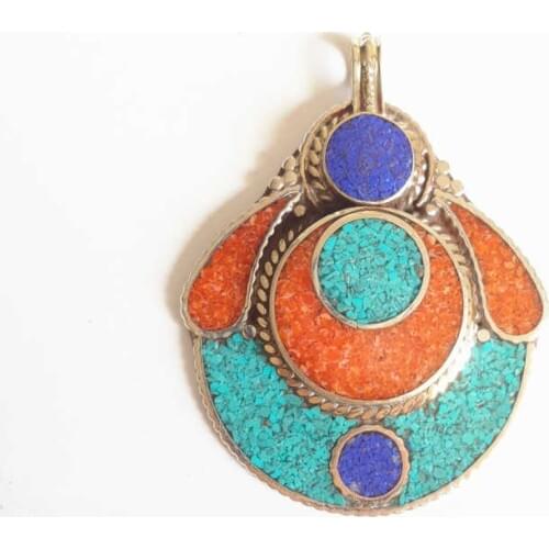 TBP410 Vintage Flower Pendant from Nepal Copper Inlay Colorful Stone