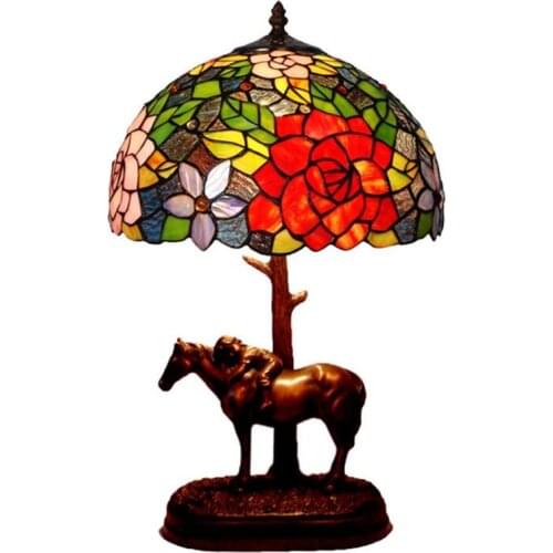 Vintage Country Retro Colorful Glass Horse Tiffany Table Lamp for Foyer Bed Room Bar Apartment Glass Lighting Fixture 52cm 1096