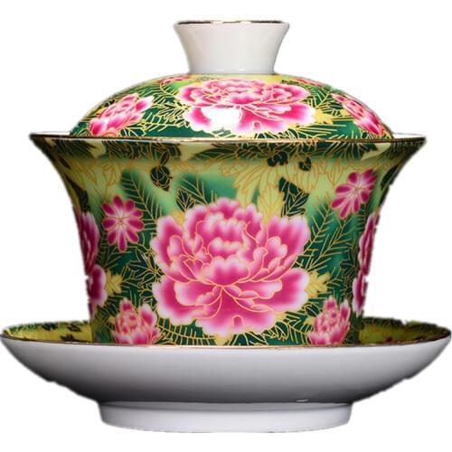 Ceramic Lotus Gaiwan Jingdezhen Covered Tea Tureen Enamel Large Bowl Tea Cup Handmade