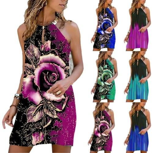 Sexy Off Shoulder Halter Flower Printed Mini Dress Women Summer New Casual Loose Sleeveless O-neck Beach Holiday Sundress Female