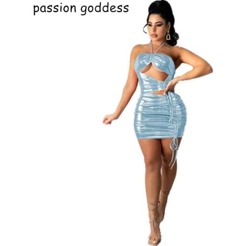 Summer 2021 Women Halter Bodycon Sexy Night Club Party Mini Dress Hollow Cut Out Draw String Pleated Bling Pink Sliver Dress