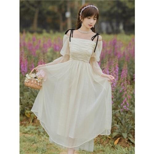 Cottage Style Chiffon Fairy Dress Women Summer Vintage Square Collar Flare Sleeve Sweet Princess Dresses For Holiday Party Night