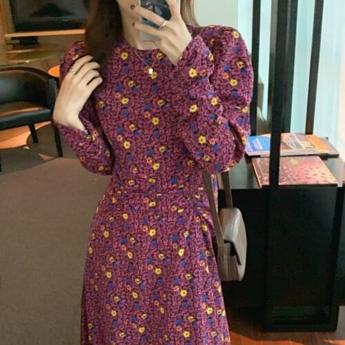 2021 New Women Spring Vintage Slim Long Floral Pleat Dress Round Collar Full Sleeve Midi A-line Dresses