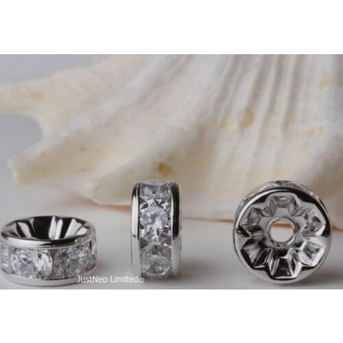 Solid 925 Sterling Silver Roundle Loose Beads Spacer Clear Cubic Zirconia Pave Settings Rhodium Plated for Beading 6/8/10mm ,1pc