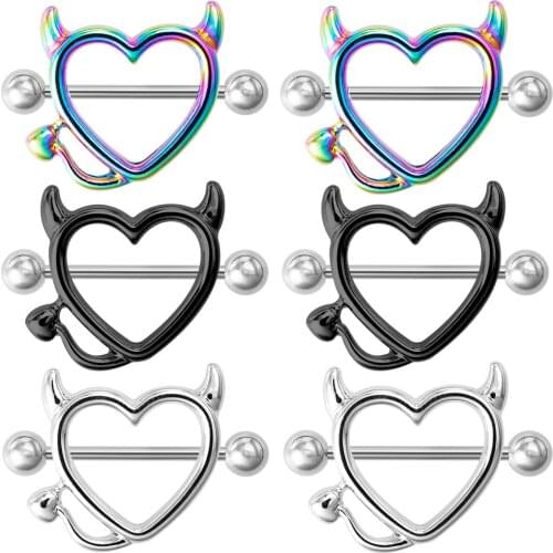2Pcs 2021 Horn Monster Peach Heart Nipple Ring Stainless Steel Charming Nipple Piercing Barbell Breast Rings Jewelry