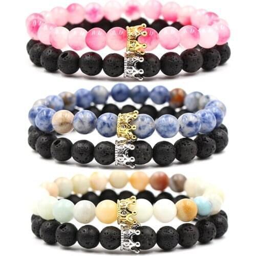 Natural Volcanic Stone Elastic Bracelet Bangle Charm Micro Inset Zircon Crown Natural Bracelet for Women Men 2/set Jewelry
