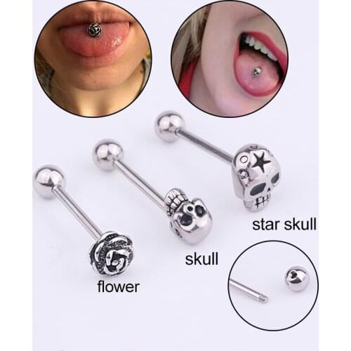 2021 New Retro Punk Stainless Steel Piercing Jewelry Casting Skull Tongue Nail Flower Tongue Ring Body Jewelry for Women