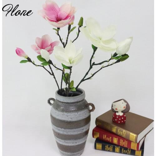 Flone 4 Heads Artificial Magnolia Flowers Simulation Silk Fake Flowers Single Branch For Wedding Party Home Garden DIY Decor