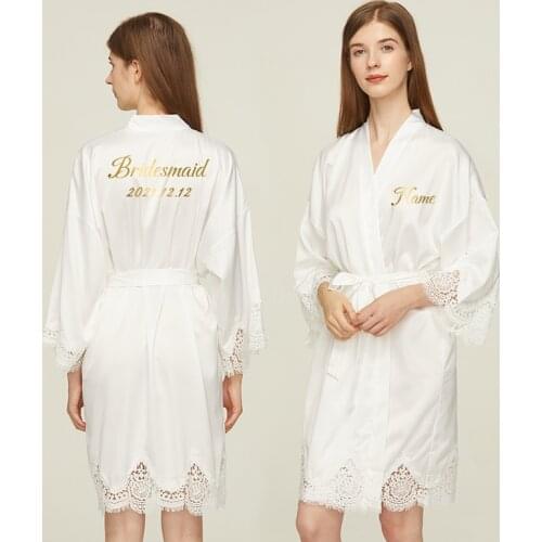 Personalized Custom Women Silk Satin Robe Lace Robe Bride Bridesmaid Robes Bridal Wedding Kimono Robe Short Bathrobe Print Gold