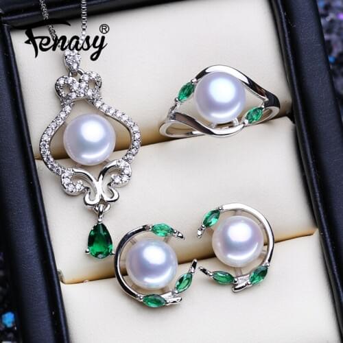 FENASY 925 Sterling Silver Emerald Jewelry Sets Natural Pearl Stud Earrings Bohemian Pendant Necklace Women Green Stones Ring