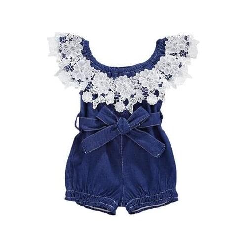 0-24M Newborn Baby Girls Off Shoulder Rompers Ruffles Ruffles Blue Denim Jumpsuits Outfits