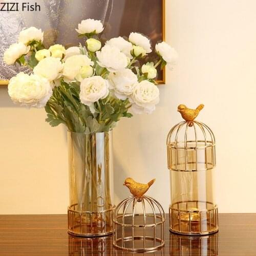 Creative Birdcage Shape Glass Vases European Flowers Arrangement Desk Decoration Transparent Vase Flower Pots Nordic Home Decor