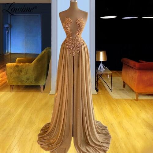 Lowime Champagne Beaded Evening Gown 2021 Beadings Prom Dresses A Line Plus Size For Women Formal Party Dress Robe De Soiree