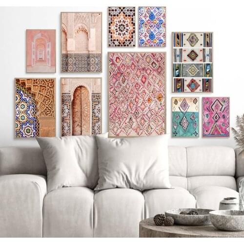 Moroccan Rug Art Painting Boho Wall Pictures , Abstract Neutral Eclectic Canvas Art Prints Home Bohemia Poster Wall Decor