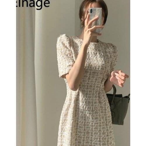 Korean Chic Small Fragrant Round Neck Bubble Short Sleeve A-line Mini Dress Elegant Vintage Lady Short Dress Summer Spring