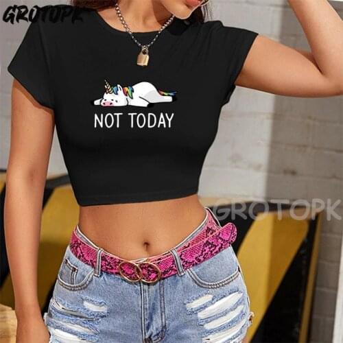 Not Today Unicorn Summer Print White Crop Top 90s Harajuku Fashion Womens T-shirt Graphic Korean Style Womens Crop Tops