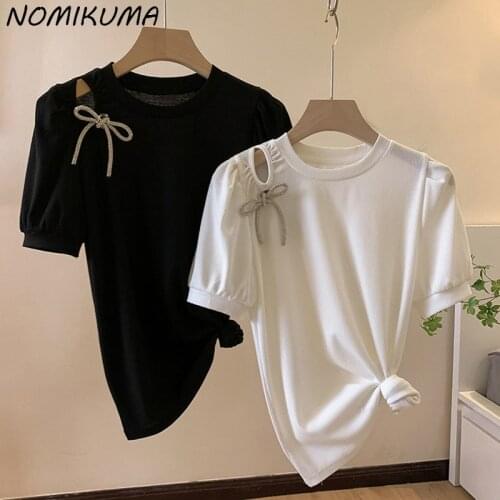 Nomikuma Sweet Puff Sleeve Graphic T Shirts Korean Diamonds Bowknot Women Tee Tops Causal 2021 Summer New Tshirt Femme 6G345