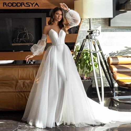 RODDRSYA New Removable Puff Sleeves Wedding Dress Detachable Overksirt Dot Tulle Sheer Neck Modern Bridal Gowns Robe de mariee
