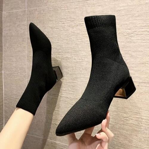New Womens Shoes Stretch Fabric Sock Boots Autumn Winter Mid-calf Boots Sexy Ladies Thin Low Heels Pointed Toe Female Pumps