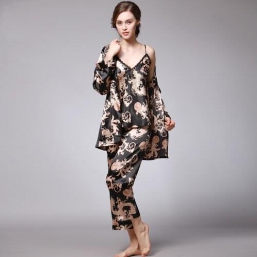 Autumn Women 3Pcs Robe Pajama Pants Sets Satin Chineses Traditonal Dragon Print Sleepwear Silk-like Adjustable Straps Loungewear