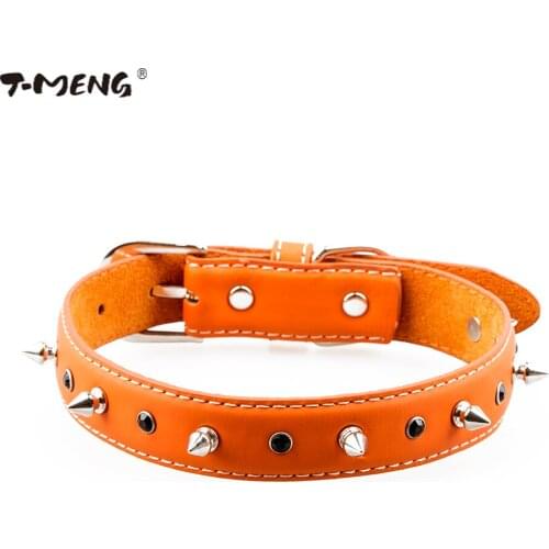 T-MENG Genuine Leather Dog Collar One Row Black Diamonds And Rivets Spiked Studded Pet Collars Fashion Neck Straps Pet Products