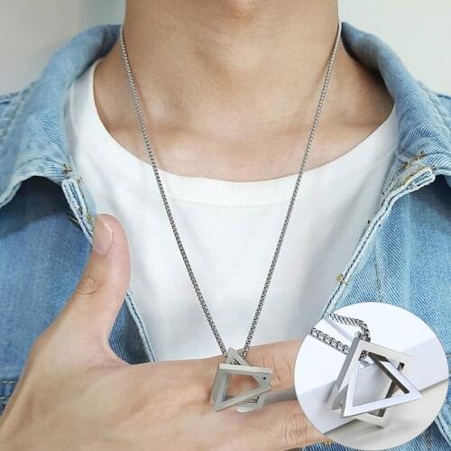 Simple Geometric Men Pendant Stainless Steel Interlocked Hollow Trangle Square Simple Necklace Rock Punk Vintage Xmas Gift
