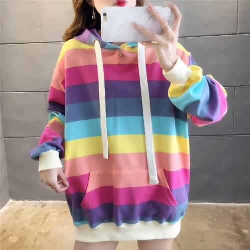 Harajuku Rainbow Stripe Hoodies Women Sweatshirt Loose Pullover For Sweet Girls Pastel Fahion Pink Clothes Cute Japanese Hoodies