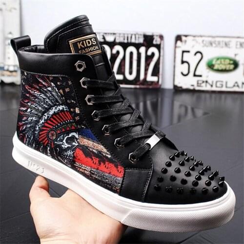 Top Quality Fashion Men High Top British Style Rrivet Shoes Men Causal Luxury Shoes Red Black Bottom rubber Shoes for Male