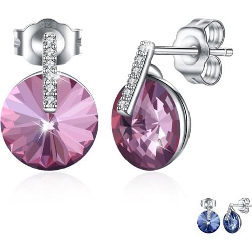 ZEMIOR Round Colorful Austria Crystal Stud Earring Genuine 925 Sterling Silver Women Earrings Fine Jewelry Trendy Party Gift