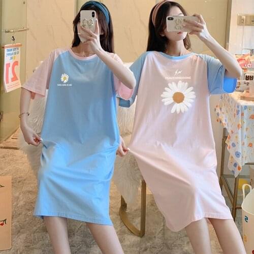 2021 New Summer Short Sleeve 100% Cotton Nightgown for Women Korean Long Dress Sleepwear Loose Nightdress Night Gown Home Nighty