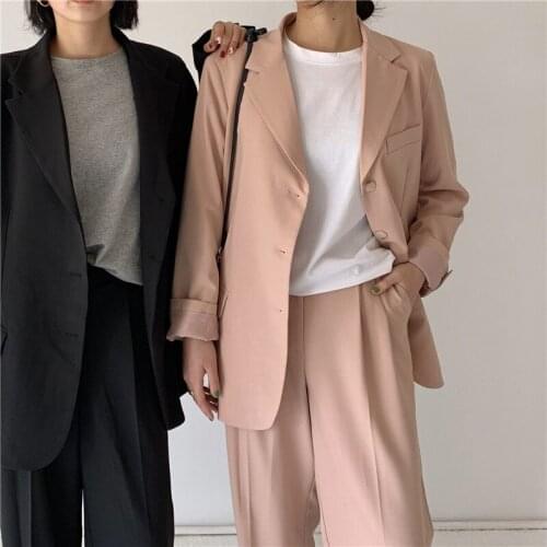 Female Blazer Suit 2021 Spring Women Pant Suit Chic Loose 2 Pieces Set Single-Breasted Notched Jacket & Straight Pant