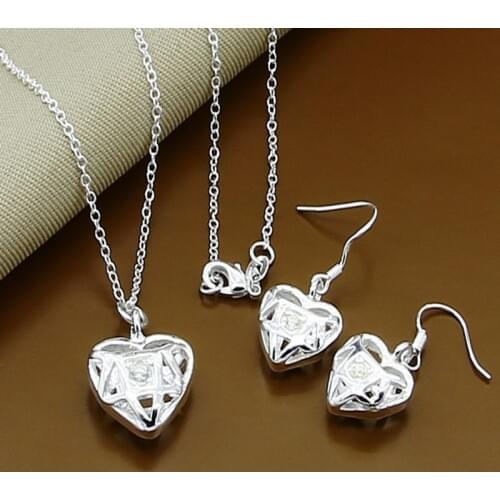 925 Sterling Silver Romantic Fashion Heart Pendant Necklace Earrings Sets for Women Female Fine Jewelry