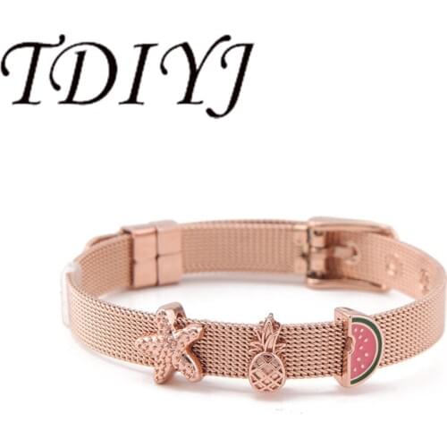 TDIYJ Rose Gold Summer Travel Pineapple Watermelon Sea Slide Charms 8MM Stainless Steel Mesh Bracelet for Women Gift 1Set