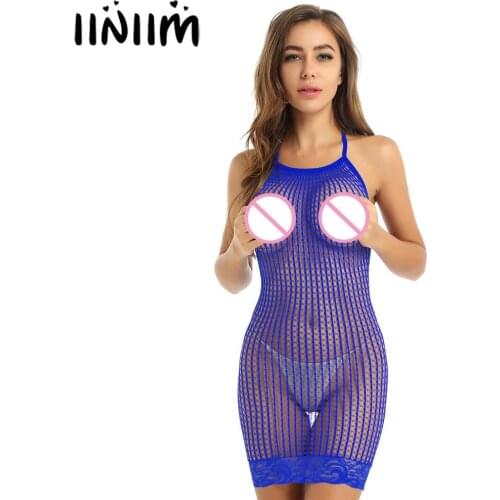 Womens Erotic Hollow Out Netted Bodystockings Lingerie Sleeveless Lace Hemline Babydolls Mini Sissy Bodycon Mini Dress Nightwear
