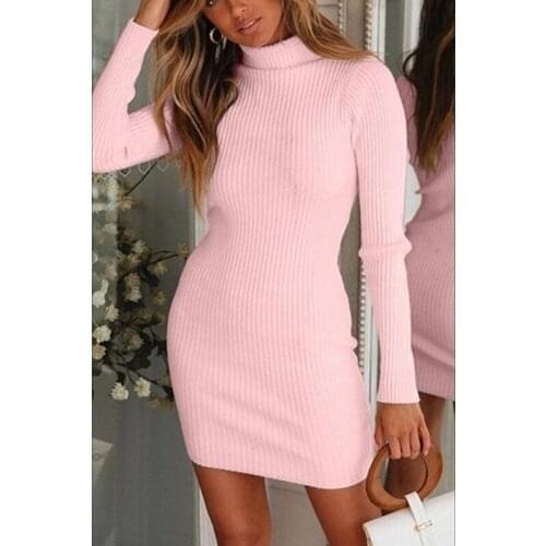 2021 Womens Winter Knitted Sheath Turtle Neck Dresses Long Sleeve Bodycon Solid Basic Sexy Mini Dresses Vestidos pink