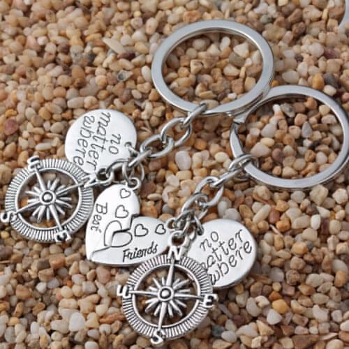 1 pair Unisex Best Friends Keychain No Matter Where Compass Broken Heart Friendship Gift Charms Jewelry Keychain 2 Pcs/set