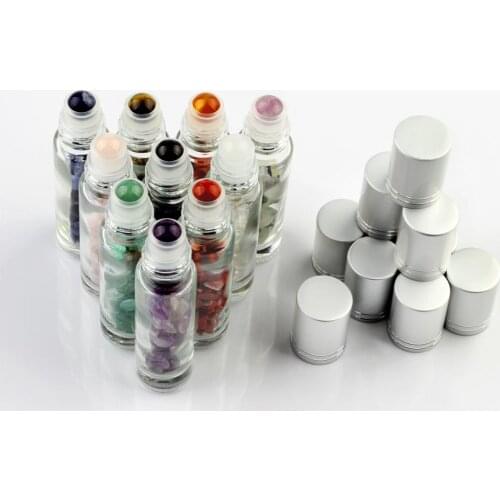 10ml Natural Gemstone Roller Ball Bottle Refillable Essential Oil Body Perfume Glass inside Healing Crystal Beauty Chips 1pc