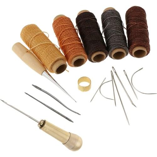 18 Pieces Waxed Sewing Thread Spools Sewing Needles Stitching Awl Thimble Tools Kit