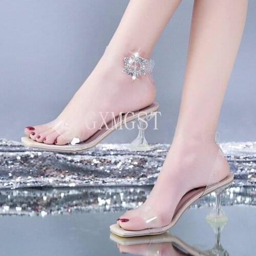2021 square toe summer ladies sandals fashion transparent spike thin high heels buckle belt banquet dress ladies shoes
