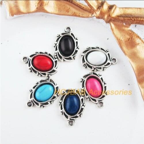 24 New Flower Charms Tibetan Silver Tone Retro Oval Mixed Acrylic Pendants 11x15mm