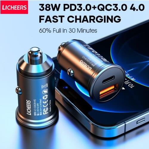 Licheers Car Charger USB Quick Charge QC3.0 QC SCP 3.1A PD Type C 38W Fast Car USB Mobile Phone Charger For iPhone Xiaomi Huawei