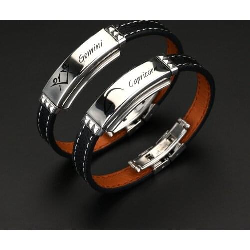 KaiMin12 Constellation Zodiac Sign Stainless steel Leather Women Braided Mens Bracelet Leo Virgo Libra Jewelry Punk Wholesale