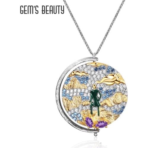 Gems Beauty 925 Sterling Silver Amethyst Gold Plate Painting Vintage Rotatable Pendant Necklace For Women Chain Link Necklaces