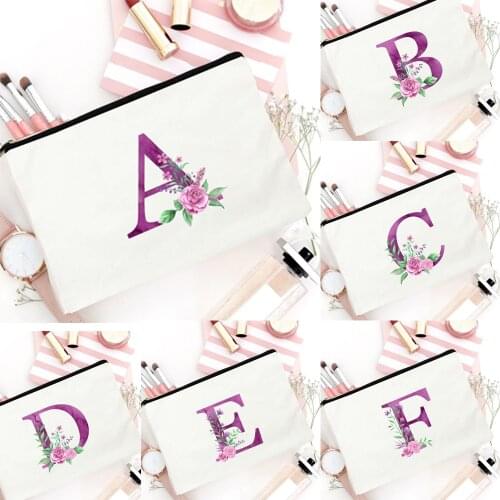 Purple Letters Beautiful Flowers Printing Reusable Cosmetic Bag Canvas Harajuku Makeup Box Foldable Lipstick Bag Travel Handbag